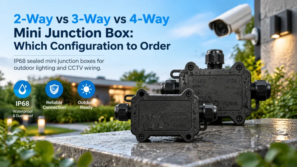 IP68 two-way, three-way and four-way mini junction boxes on an outdoor lighting and CCTV installation