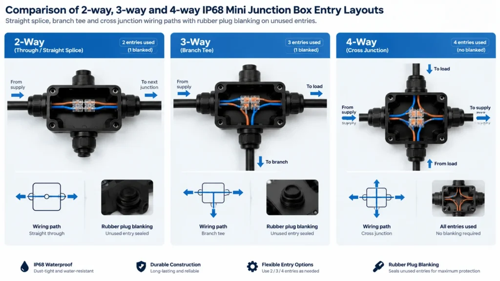 Comparison diagram of 2-way, 3-way and 4-way mini junction box entry layouts with through, branch and cross wiring paths