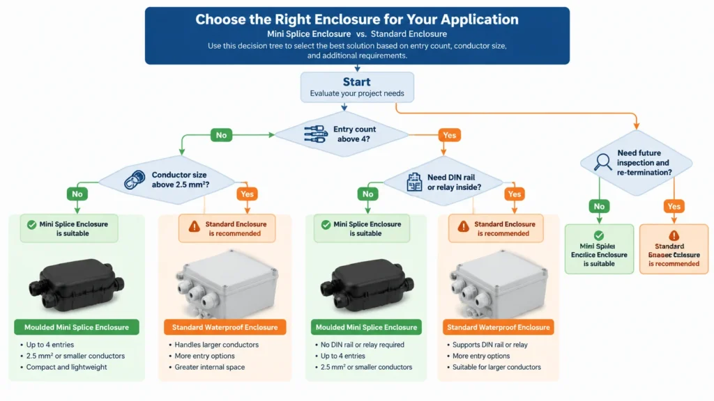 Decision tree separating mini splice enclosure use cases from standard enclosure use cases by entry count and conductor size