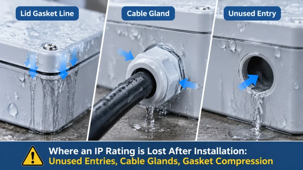 Three water entry paths on a junction box: lid gasket line, cable gland and an unused entry left open