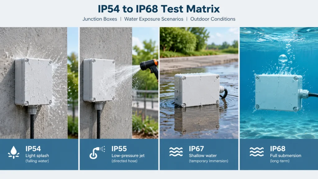 Four water exposure scenarios for a junction box: splash at IP54, low pressure jet at IP55, shallow water at IP67 and full submersion at IP68