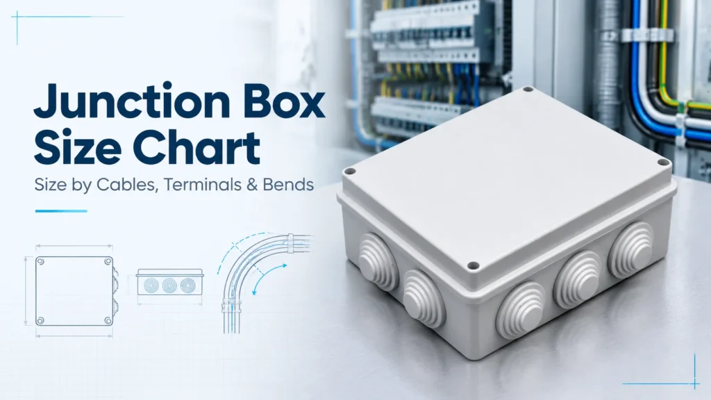 Junction box size chart cover showing a moulded waterproof enclosure with dimension callouts