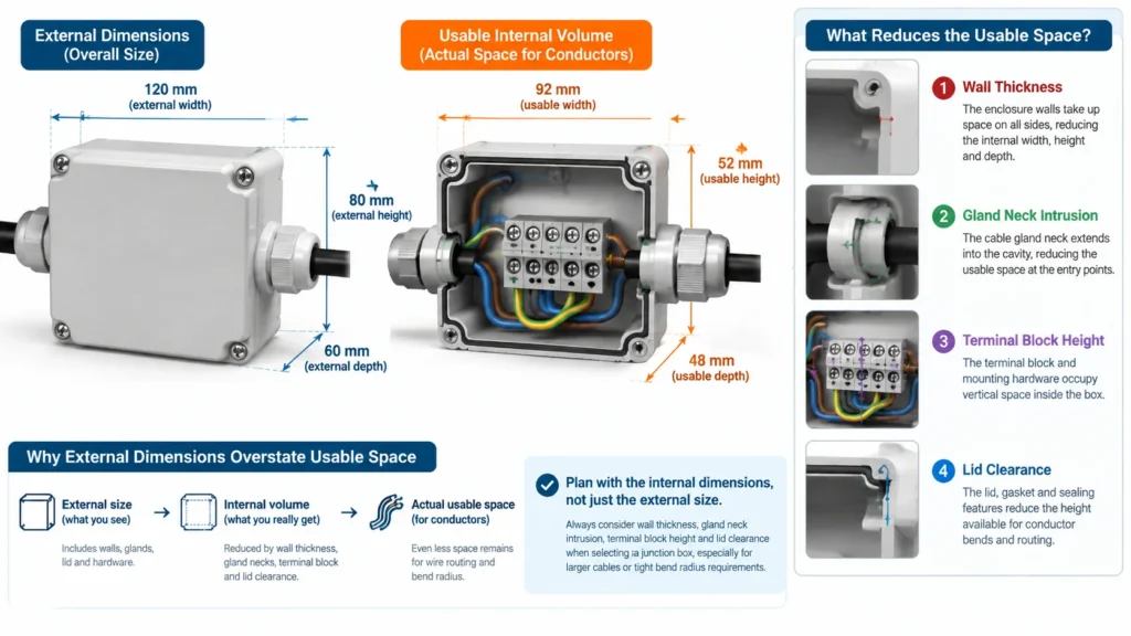 Diagram showing how cable bend radius and gland neck depth reduce the usable internal height of a junction box