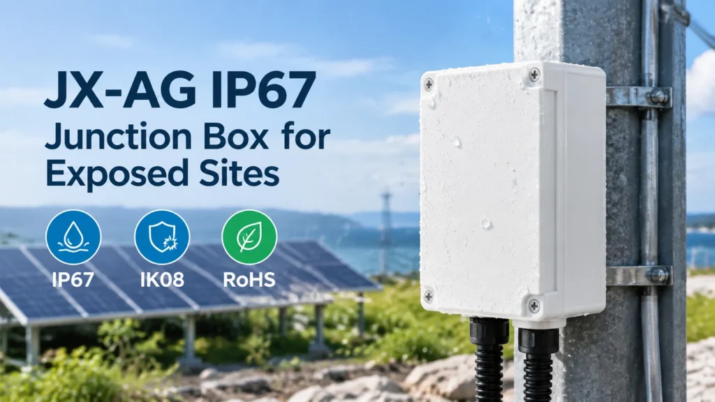 JX-AG IP67 impact-resistant plastic junction box mounted on an outdoor pole, with IP67, IK08 and RoHS feature badges