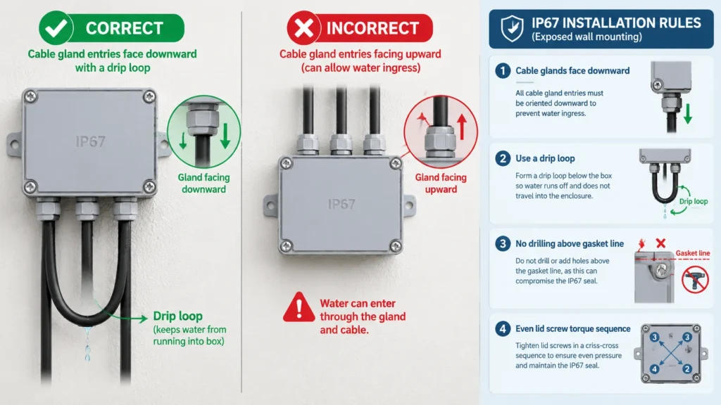 Diagram of correct and incorrect cable gland orientation on an exposed IP67 junction box, showing drip loop and downward entry