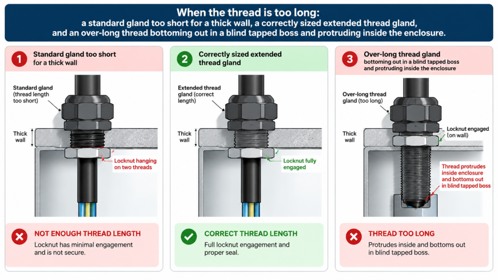 Three-case comparison diagram: a standard thread gland too short for a thick wall with the locknut hanging on two threads, a correctly sized extended thread gland, and an over-long thread protruding inside the enclosure and bottoming out in a blind tapped boss