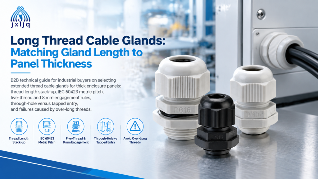 Extended thread nylon cable gland used for thick enclosure panels and cast metal housings