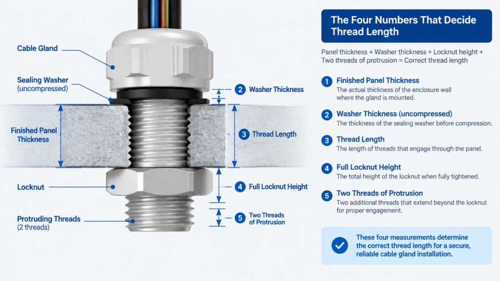 Cross-section diagram of a cable gland installed through a thick enclosure wall, labelling finished panel thickness, uncompressed sealing washer, thread length, full locknut height and two protruding threads
